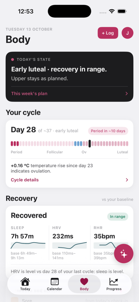 RETO's Body screen: today's state, cycle day and phase, and recovery against your baseline