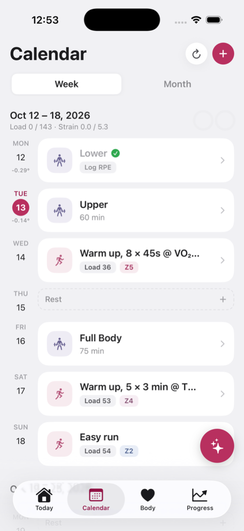 RETO's Calendar: a week of planned sessions across strength and running with load and zone for each