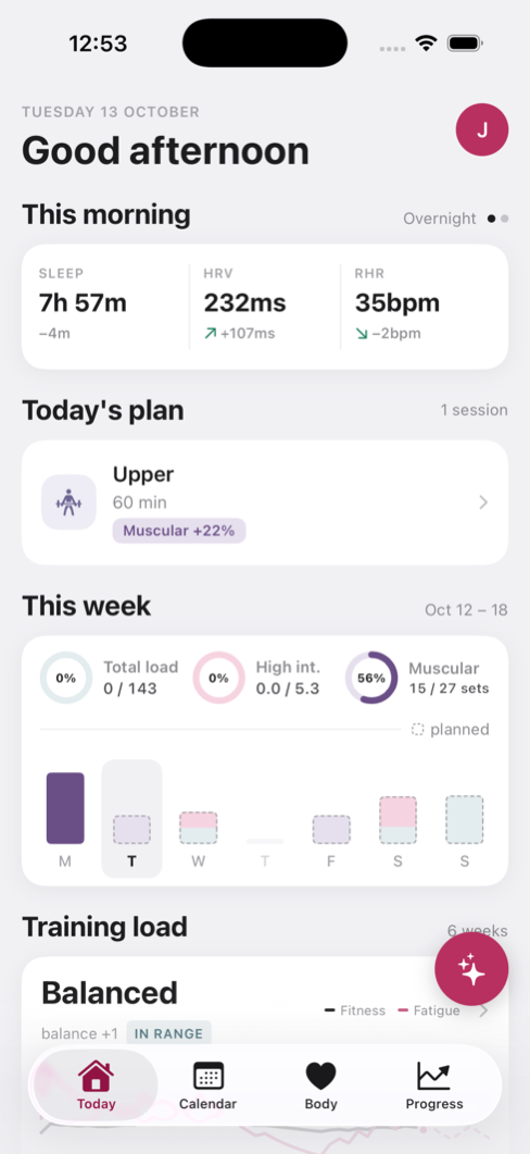 RETO's Today screen: this morning's sleep, HRV and resting heart rate, today's session and the week's targets